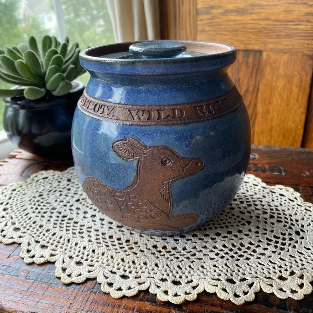 Vintage 1987 Studio Pottery Minnesota Wild Rice Blue Canister Crock Handmade EUC